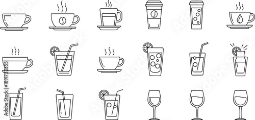 Drinking Beverage Line Icons Collection for Coffee Tea Juice Cocktail Wine Glasses Cafe Bar Vector Illustration