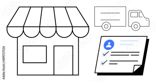 Shopfront with awning, delivery truck, and checklist suggesting management, logistics, and planning. Ideal for business operations, retail, e-commerce logistics strategy delivery planning. Flat