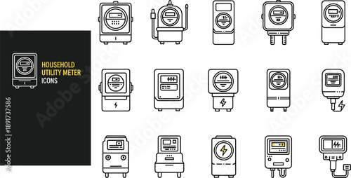 Household Utility Meter Line Icons Set for Electricity Water Gas Smart Energy Monitoring Vector Illustration