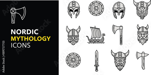 Nordic Mythology Line Icons Set Featuring Viking Helmets Axe Shield Sword Ship for Scandinavian Norse Vector Illustration Collection