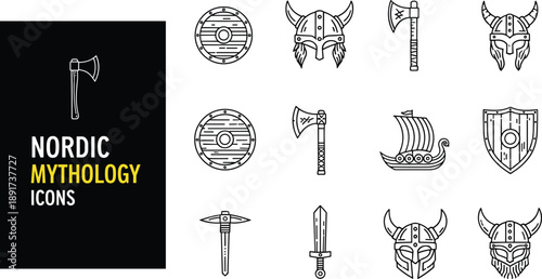 Nordic Mythology Line Icons Set Featuring Viking Helmets Axe Shield Sword Ship for Scandinavian Norse Vector Illustration
