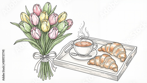 Title:
Tulip bouquet with ribbon beside breakfast tray with tea and croissants hand-drawn illustration, charming and warm, on white background