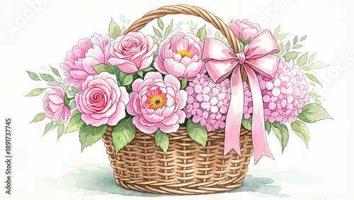 Ribbon bow tied to wicker basket with pink flowers watercolor illustration, charming and delicate, on white background