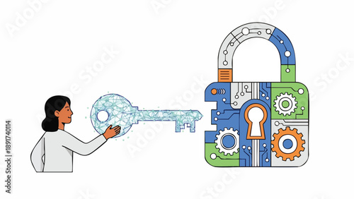 Cybersecurity Solution Concept: Professional preparing to unlock complex digital infrastructure using an advanced data access key