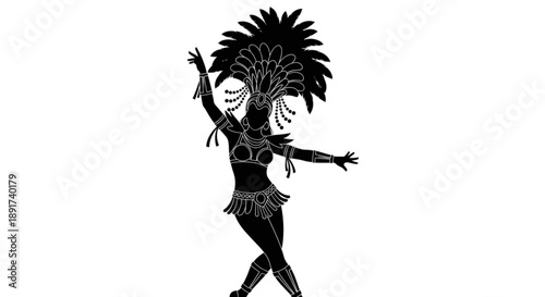 Woman in black carnival costume dancing with feathered headdress and decorative outfit