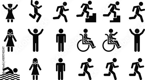 Stick figure people icons set showing men, women, children, wheelchair users, running, jumping, swimming, and daily human activities