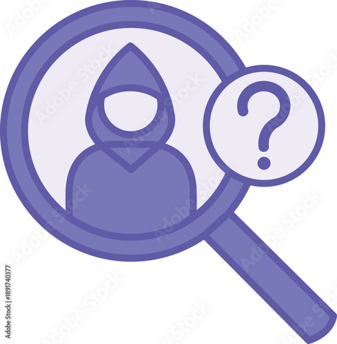 Colored Suspect Icon. Vector Illustration. Hooded Man, Magnifying Glass, and Question Mark. Person Suspected of Committing a Crime. Police Concept