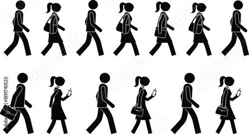 Walking people silhouette sequence showing men and women with bags and phones representing urban lifestyle, commuting, and everyday pedestrian movement
