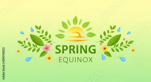 Vibrant spring equinox logo with sun leaves flowers on green background