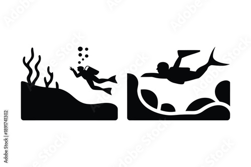 Scuba Diving and Underwater Scene Icons Divers, Coral