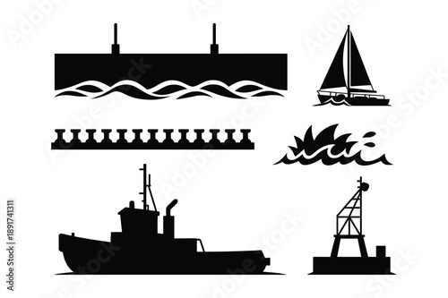 Nautical and Maritime Icons: Boat, Sailboat, Buoy, Dock