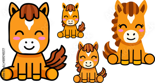 Collection of four adorable cartoon orange horses featuring happy smiling faces and playful brown manes sized differently for various graphic design needs