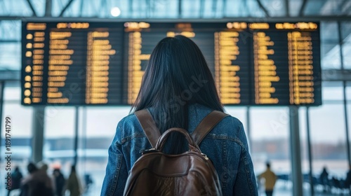 Woman at airport checking flight schedule