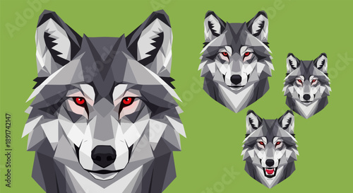 Stylized low poly illustration featuring a detailed gray wolf head portrait with intense red eyes presented in multiple graphic variations against a simple background.