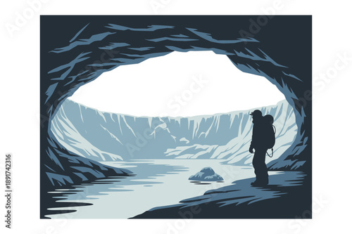 Adventurer in Cave Overlooking Water Landscape