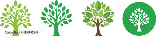 Green Tree Icon Set with Simple Flat Nature Trees and Circular Logo Styles for Eco Branding Web App and Sustainability Design