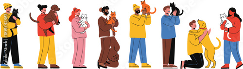 Happy People With Pets Illustration Set Dog And Cat Owners Showing Love Care And Friendship With Animals