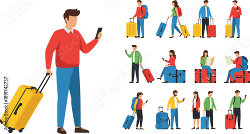 Travel People With Suitcases Illustration Set Using Smartphone Airport Journey Vacation And Business Trip Concept