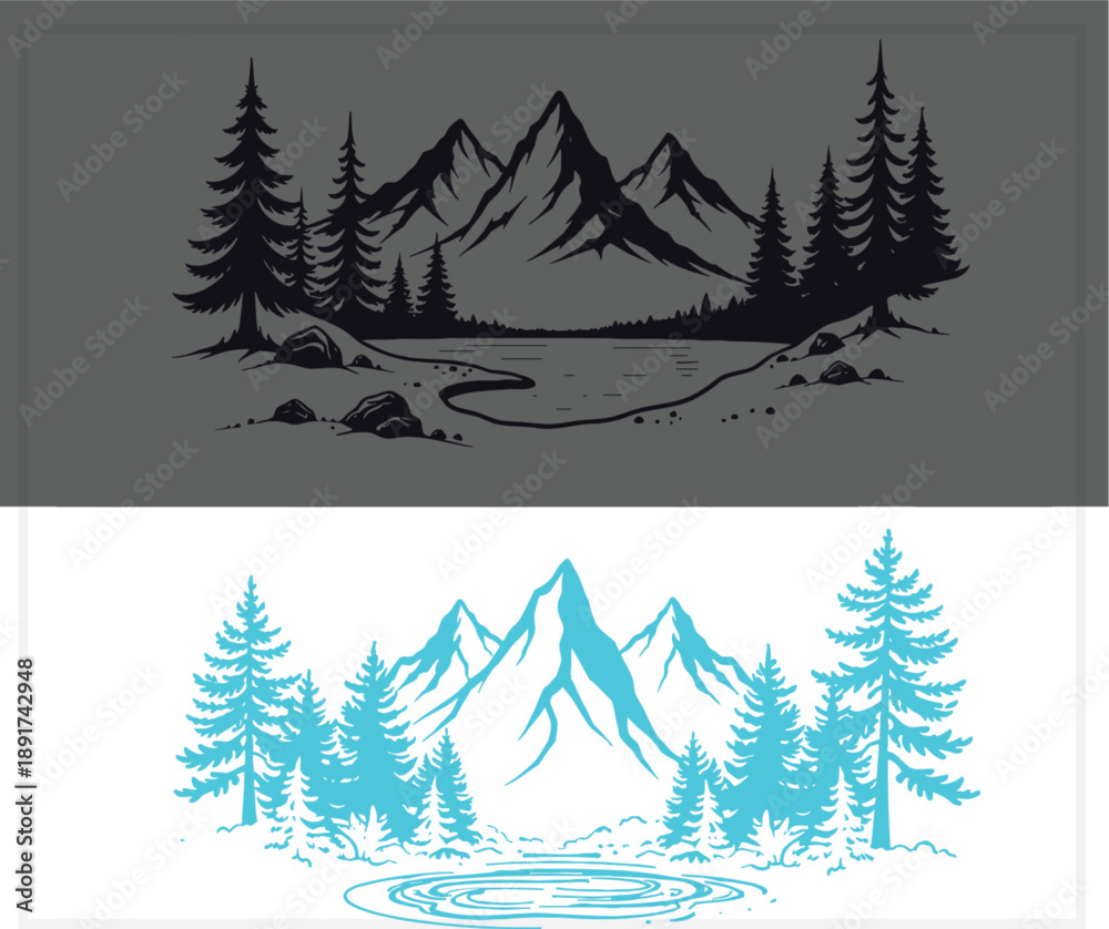 Obraz premium Mountain landscape with pine trees in silhouette and blue glow
