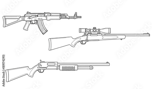 Detailed cartoon line drawing firearms vector set isolated on transparent background