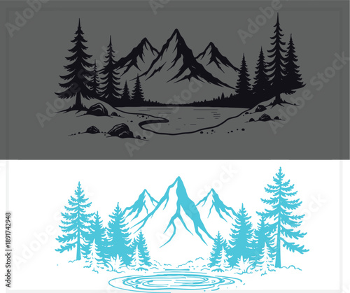 Mountain landscape with pine trees in silhouette and blue glow