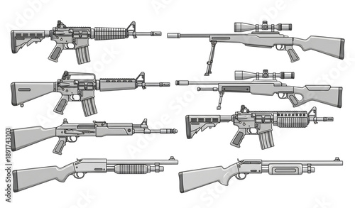 Cartoon military firearms collection with assault rifles sniper rifles and shotguns isolated on transparent background