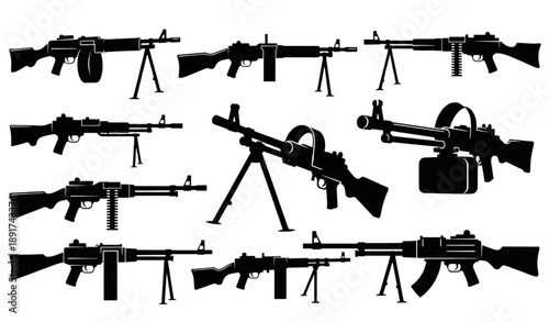 Heavy weapon machine gun silhouette collection black vector isolated on transparent background