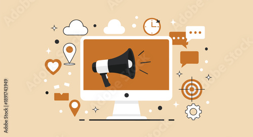 Digital Marketing Announcement Illustration with Megaphone on Computer Screen, Online Promotion Icons, Communication Strategy, and Modern Flat Vector Design