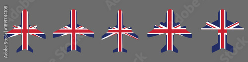 Airplane icons filled with United Kingdom flag colors. Clean vector set showing aviation and national identity. Ideal for travel, flight, and British theme designs.