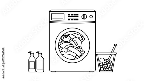 Household Chores: Laundry Day With Drinks and Supplies Ready For a Cleaning Spree