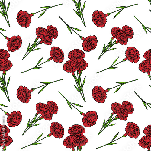 Seamless vector pattern of vibrant red carnation flowers and green stems on a white background, elegant floral illustration