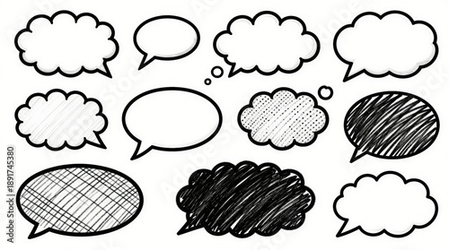 Collection of various black and white speech and thought bubbles with different fills