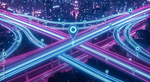Futuristic smart city highway interchange with digital navigation pins and data flow.