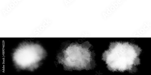Tableau sur toile Set of Three Fluffy White Cloud Elements and Smoke Puffs Isolated on Black Backg