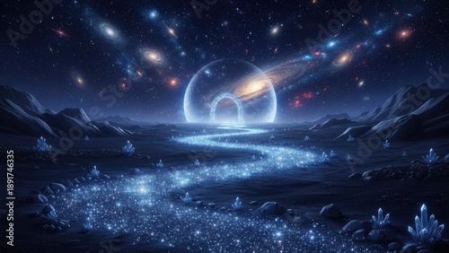Majestic Cosmic Landscape with Sparkling River and Distant Galaxies in Night Sky