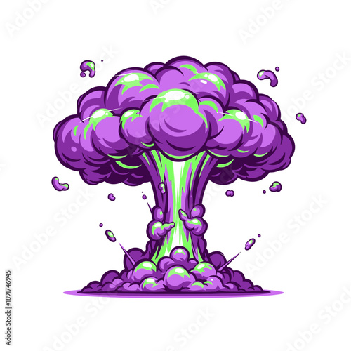 Purple Mushroom Cloud Explosion Cartoon Illustration.
