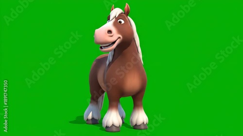 Animated Brown Horse with White Mane and Tail on Green Screen Background