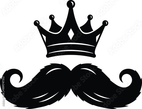 A majestic crown sits atop a luxurious mustache, symbolizing power and elegance in a classic black and white illustration from a front viewpoint.