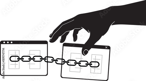 Broken link chain cyber security protection icon showing disconnected web pages and hand interaction. Suitable for apps, websites, dashboards, presentations, and UI designs related to security
