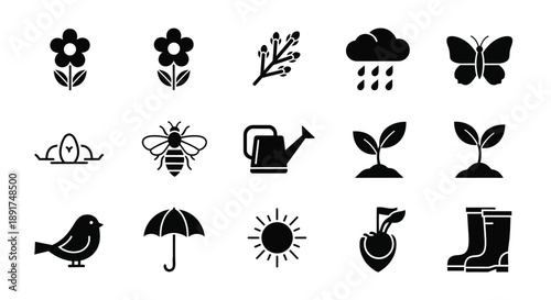 Collection of simple black icons representing gardening and nature elements