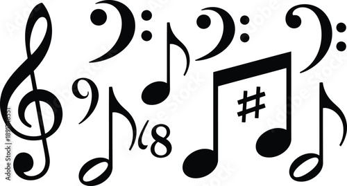 Collection of Musical Notes and Symbols on White Background from Direct Viewpoint