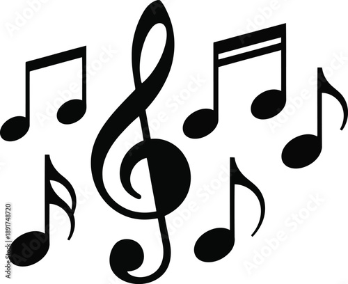 A collection of musical notes and a treble clef symbol surrounding a central music note illustration