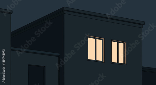 Dark Building with Illuminated Windows at Night.