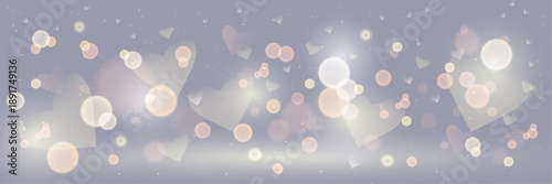 Romantic background banner with translucent hearts, glowing bokeh lights and dreamy pastel gradient. 