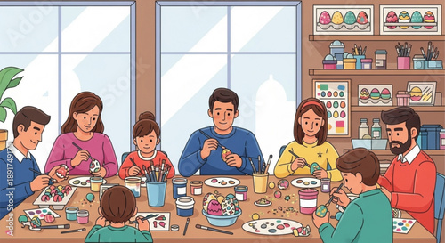 Family with children painting and decorating cupcakes together indoors