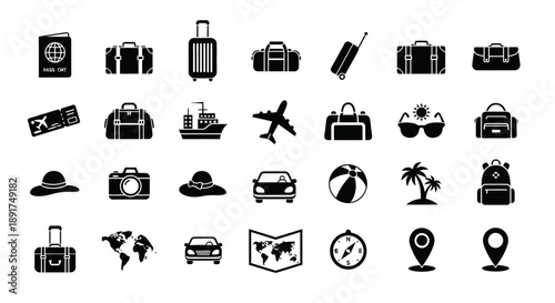 Black and white travel icons depicting vacation and tourism elements