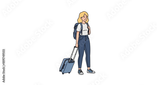Young woman with blonde hair and a rolling suitcase