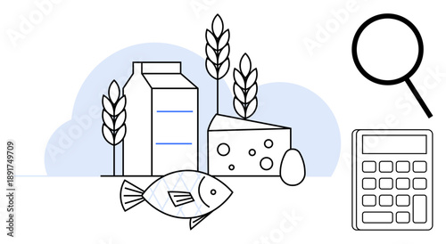 Milk carton, cheese, egg, fish, wheat stalks with magnifying glass and calculator. Ideal for nutrition, food industry, cost calculation, health analysis budgeting dietary concepts simple flat