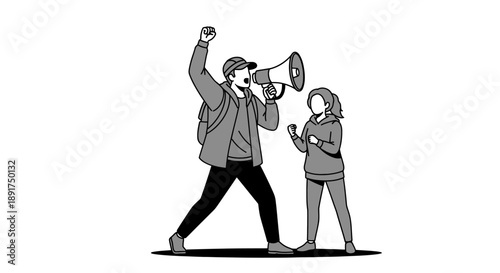 Protester with megaphone leading a crowd illustrated in grayscale