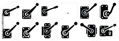 industrial locking lever silhouette vector icons set, industrial machinery parts abstract mechanical illustration.